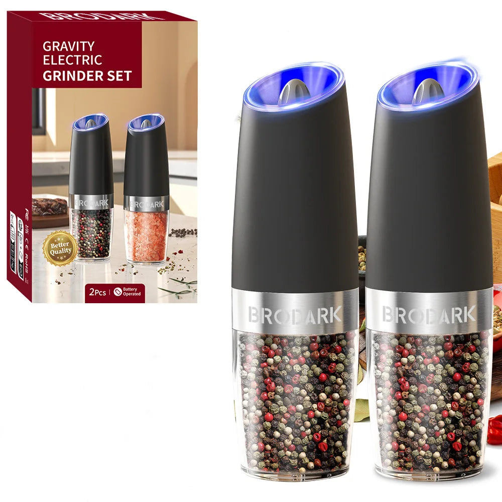 1/2pcs Gravity Electric Salt And Pepper Grinder Set, Battery Powered LED Light One HandAutomatic Operation