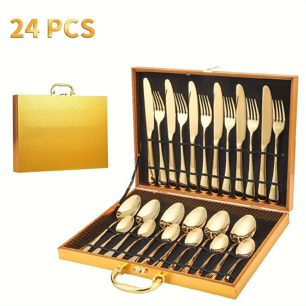 24pcs Elegant Stainless Steel Black Flatware Set, Classic Knife, Fork Spoon Gift Set Mirror Polish Gold Cutlery Dishwasher Saf