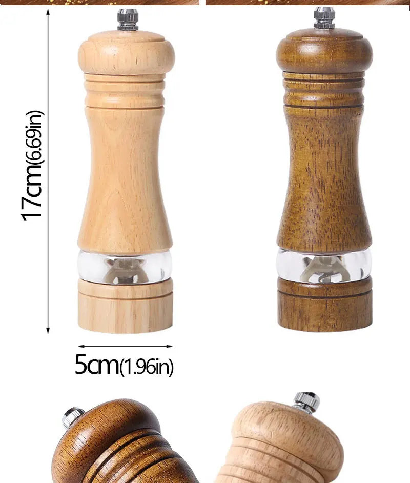 6-inch Manual Pepper Grinder Rubber Wood Acrylic Salt Shakers Adjustable Ceramic Rotor-Refillable Oak Spice Salt Grinding Bottle