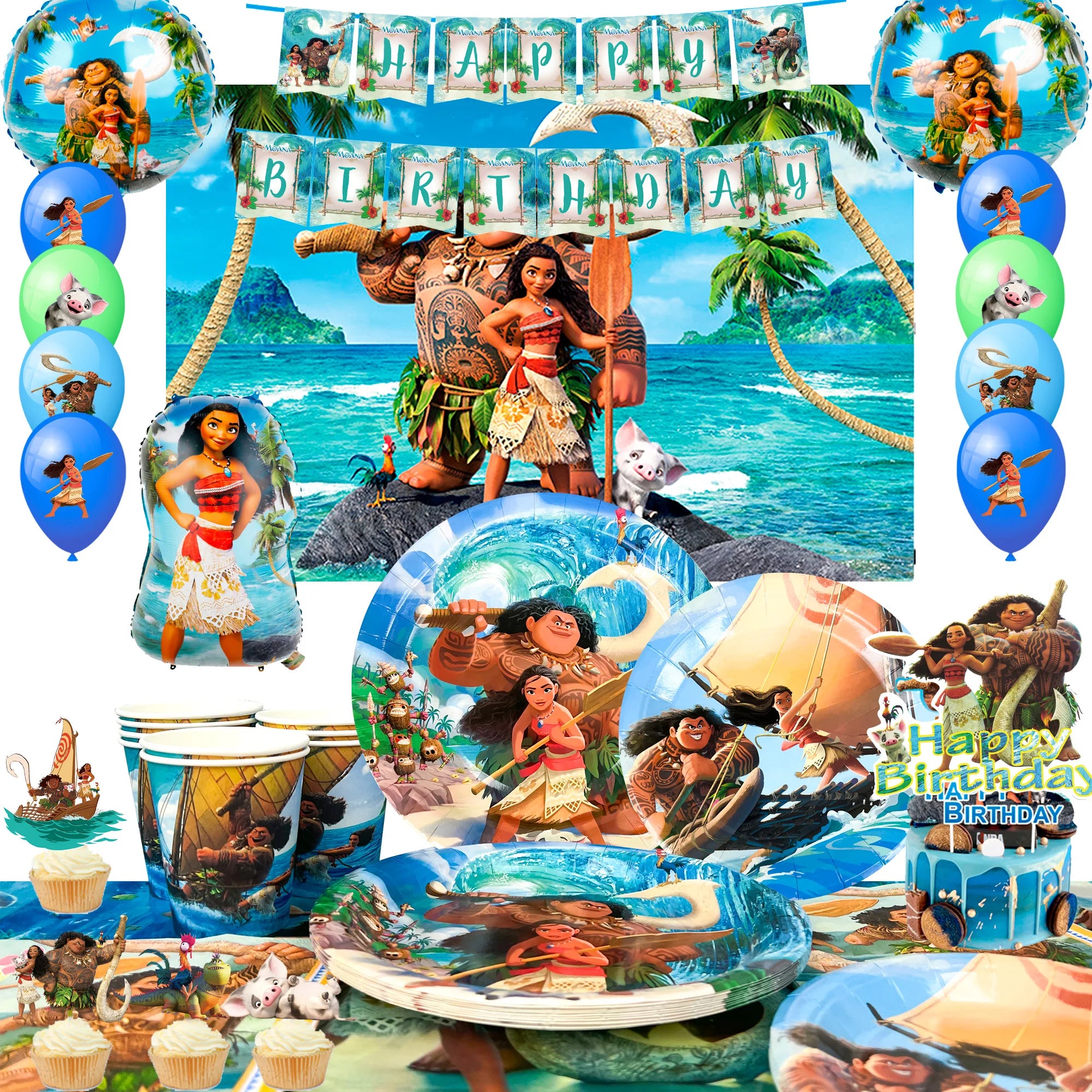 Moana Birthday Party Supplies,85pcs Decorations and Tableware Set-Moana Plates and Napkins Cups Table Cloth Banner Backdrop etc