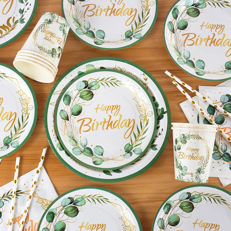 Green Eucalyptus Leaf Disposable Tableware Set Paper Plate Cup Napkin Kids Adult Birthday Supplies Hawaiian Summer Party Decor