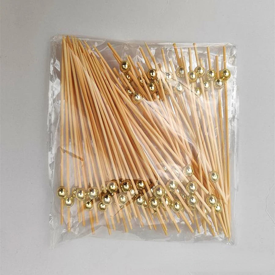 100pcs 12cm Gold Beads Bamboo Fruit Sticks Fruit Salad Snack Fork Cocktail Decor Cake Buffet Toothpicks Party Tableware Supplies
