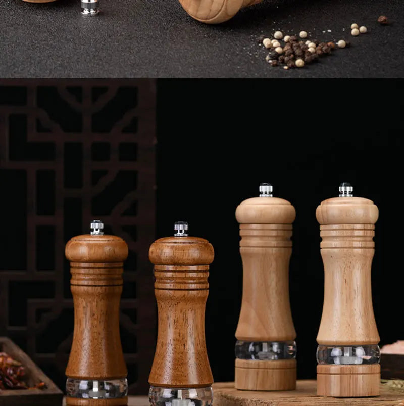 6-inch Manual Pepper Grinder Rubber Wood Acrylic Salt Shakers Adjustable Ceramic Rotor-Refillable Oak Spice Salt Grinding Bottle