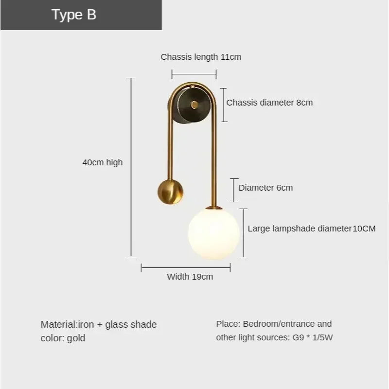 Modern Bedroom Bedside Wall Light Lamp Glass Ball  LED Gold Home Decor Living Room Corridor Interior Lighting Sconce Luminaire