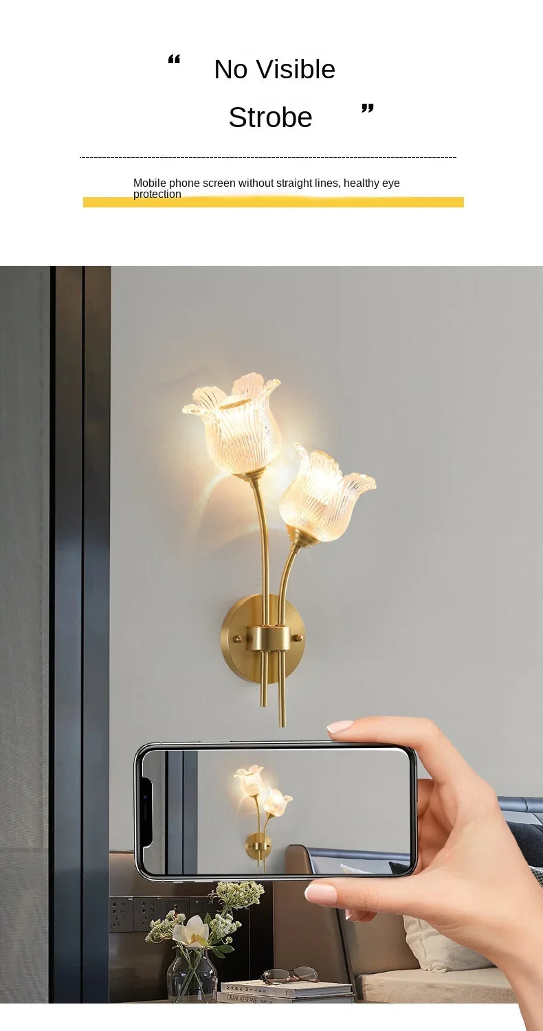 Bedroom headboard  lamp all copper American retro designer flower cream wind wall light room decor