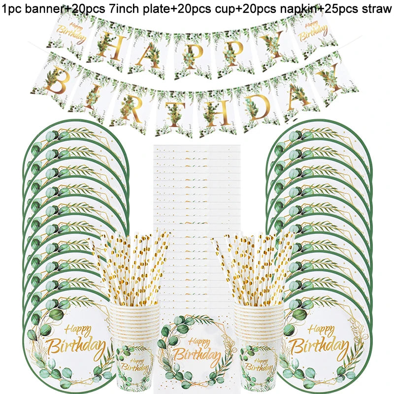 Green Eucalyptus Leaf Disposable Tableware Set Paper Plate Cup Napkin Kids Adult Birthday Supplies Hawaiian Summer Party Decor