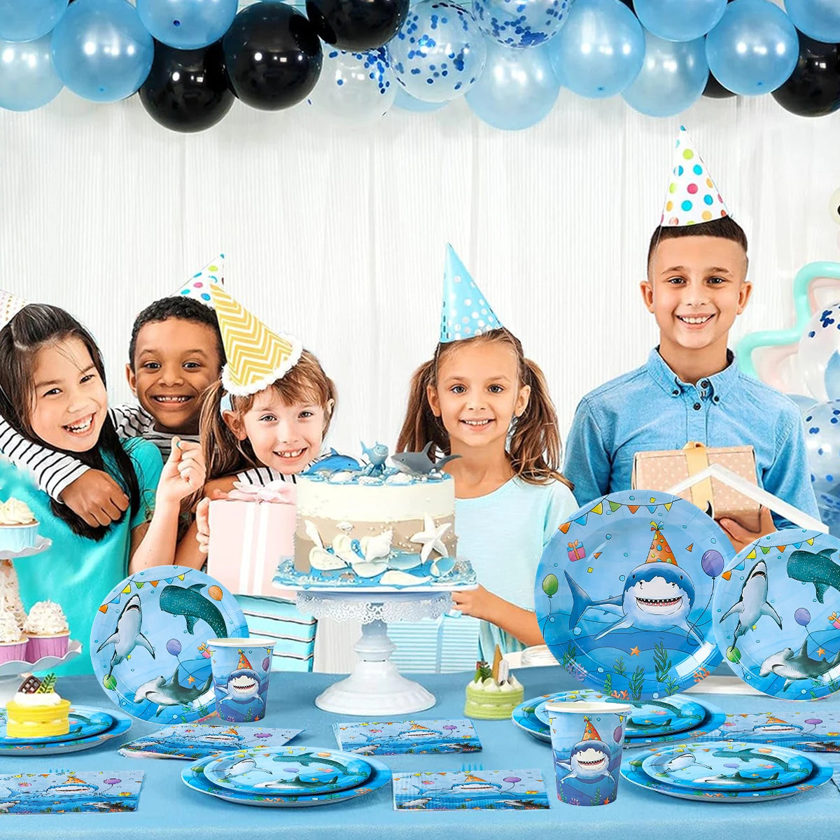 Shark Party Disposable Tableware Set Plates Cups Ocean Shark Birthday Party Decor Kids Boy Baby Shower Party Decor Supplies