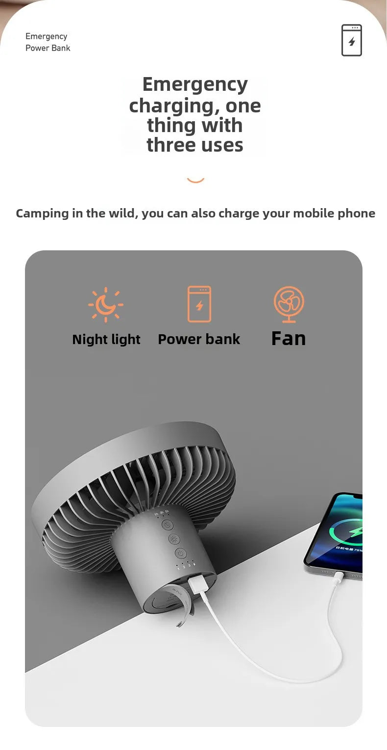 New 10000mAh Camping Fan with Power Bank LED Lighting Rechargeable Desktop Portable Circulator Outdoor Ceiling Electric Fan 2025