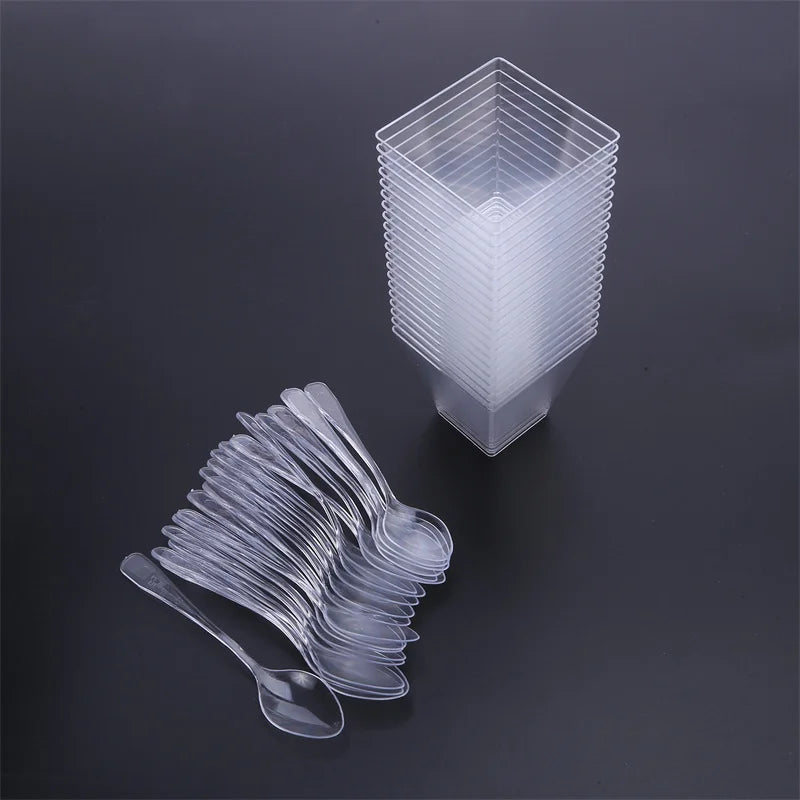 Disposable Tableware Set Dessert Cups Spoons Set Jelly Smoothie Mousse Fruit Cube Pudding Cup Party PS Dessert Suit Cups