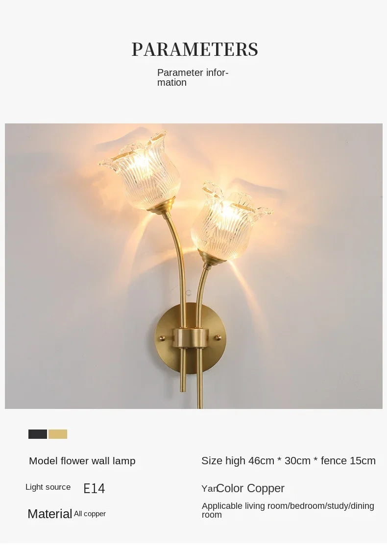 Bedroom headboard  lamp all copper American retro designer flower cream wind wall light room decor