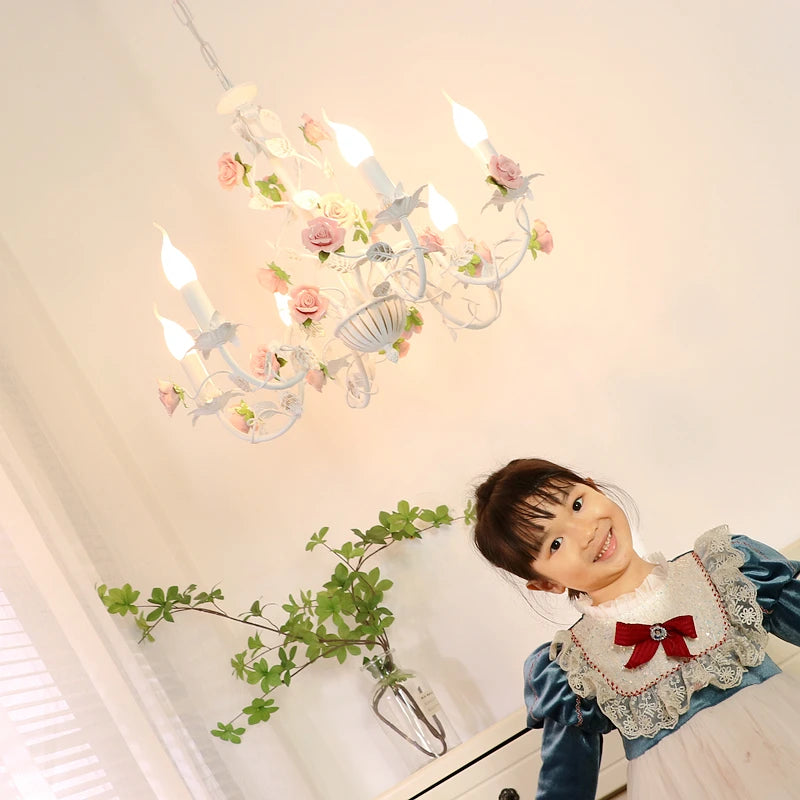 Rural Bedroom Chandelier French Living Room Children's Room Iron Flowers Plants Warm American Retro Fresh Ceramic Pendant Lamps