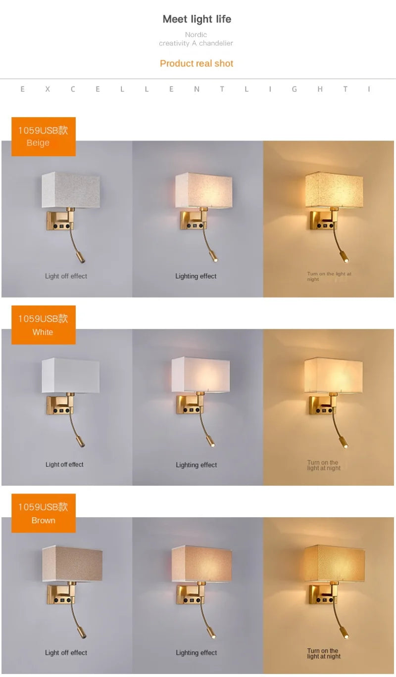 Modern Bedroom Bedside Hotel Wall Lamp Decoration Fabric Sconce Lights Reading Lighting Spotlight Simple Cotton Luminaire Indoor