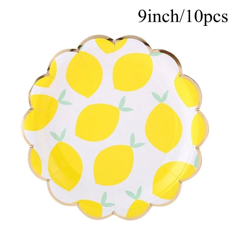 Lemon Disposable Tableware Paper Cups Plates Cake Toppers for Summer Lemon Happy Birthday Pool Party Decoration DIY Cake Supply