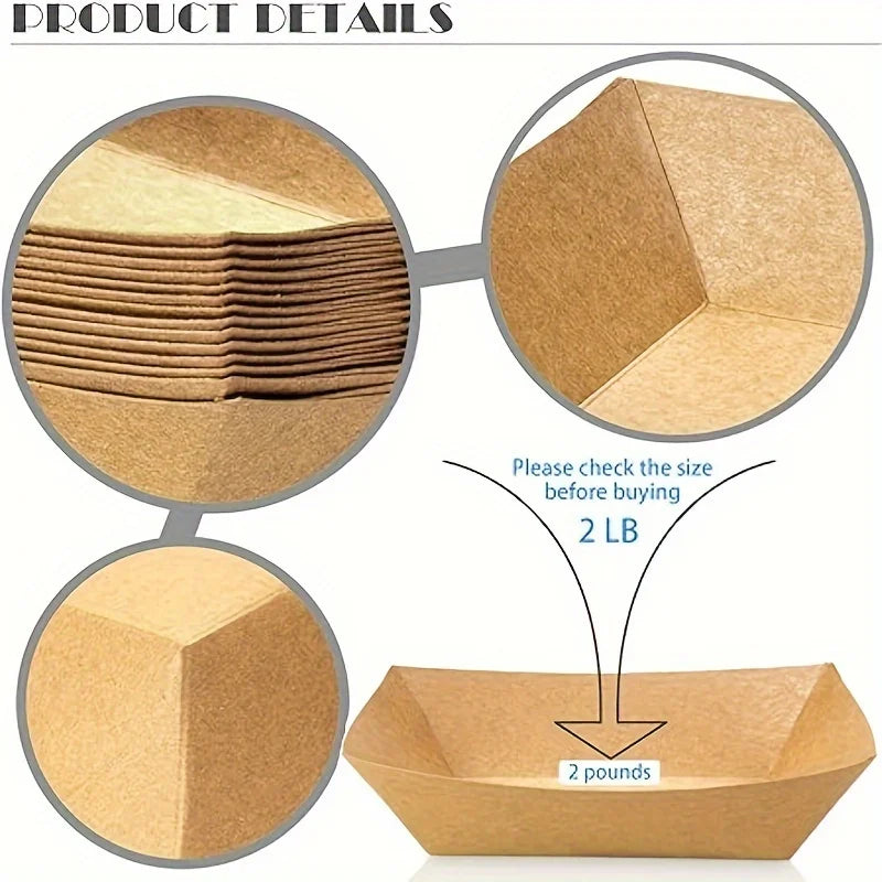 100pcs Kraft Paper Food Tray Heavy-duty Food Boat Trays Disposable Service Basket For Snacks Fries Tacos BBQ Party Tableware Set
