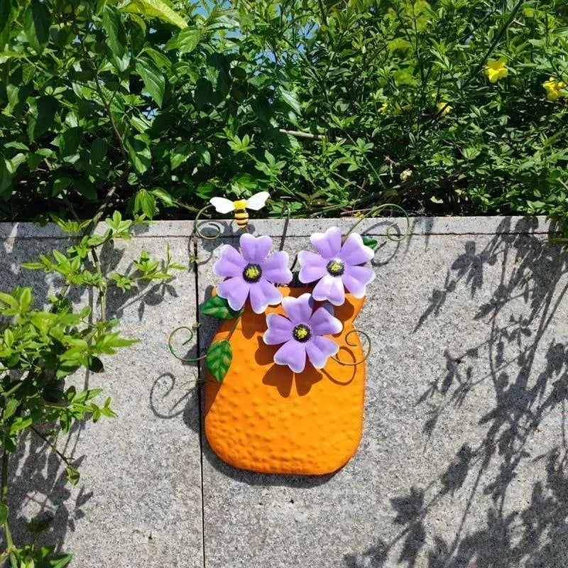 Metal Flower Garden Vases Wall Decor Outdoor Fence Art Patio Sculptures Hanging Decorations for Patio and Garden