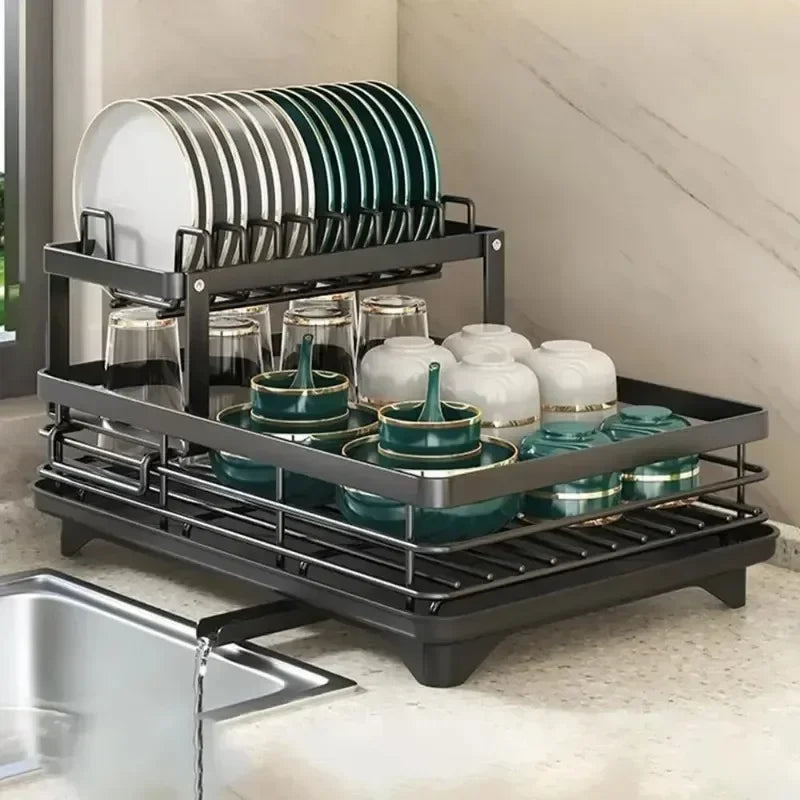 Adjustable Dish Drying Rack & Drainboard Organizer for Kitchen Plates