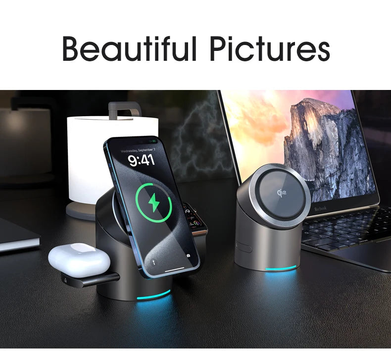New Smart 15W Qi2 3 In 1 Magsafe Magnetic Autorotation Wireless Charger For iPhone iWatch Airpods Fast Charging Dock Station
