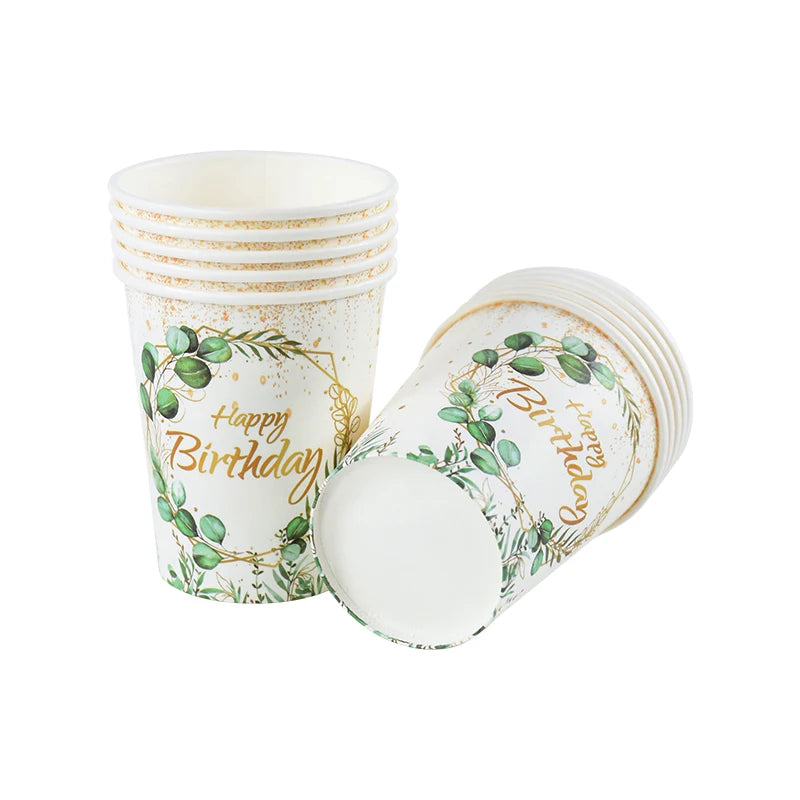 Green Eucalyptus Leaf Disposable Tableware Set Paper Plate Cup Napkin Kids Adult Birthday Supplies Hawaiian Summer Party Decor