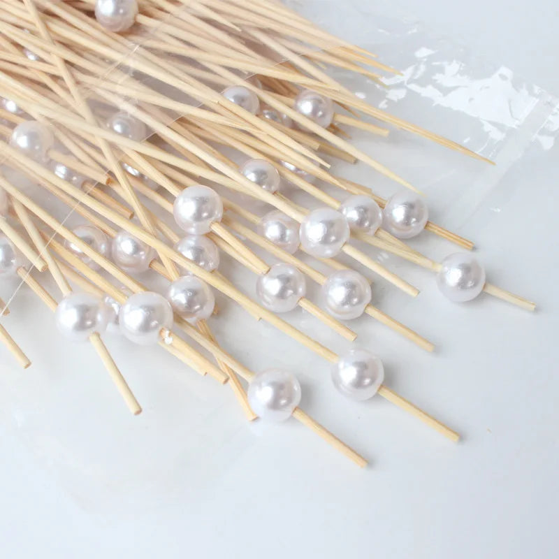 100pcs 12cm Gold Beads Bamboo Fruit Sticks Fruit Salad Snack Fork Cocktail Decor Cake Buffet Toothpicks Party Tableware Supplies