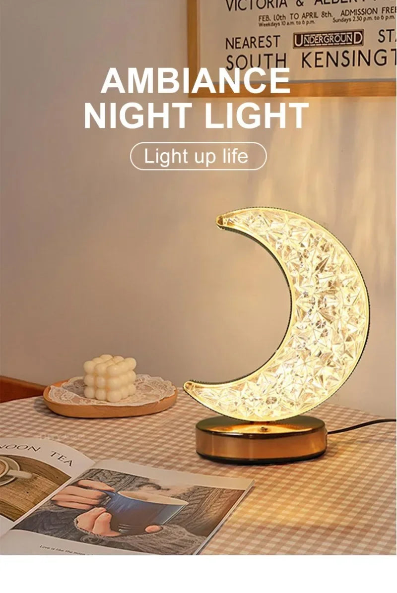 Bedroom Crystal Touch Dimming Night Light Girls Room Home Decor Aesthetics USB Bedside LED Ambient Table 3d Moon Lamp