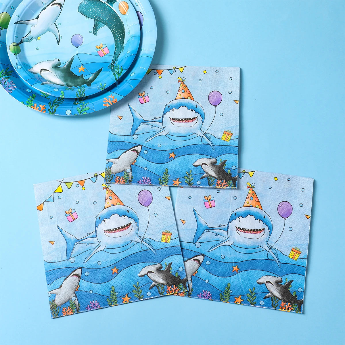 Shark Party Disposable Tableware Set Plates Cups Ocean Shark Birthday Party Decor Kids Boy Baby Shower Party Decor Supplies