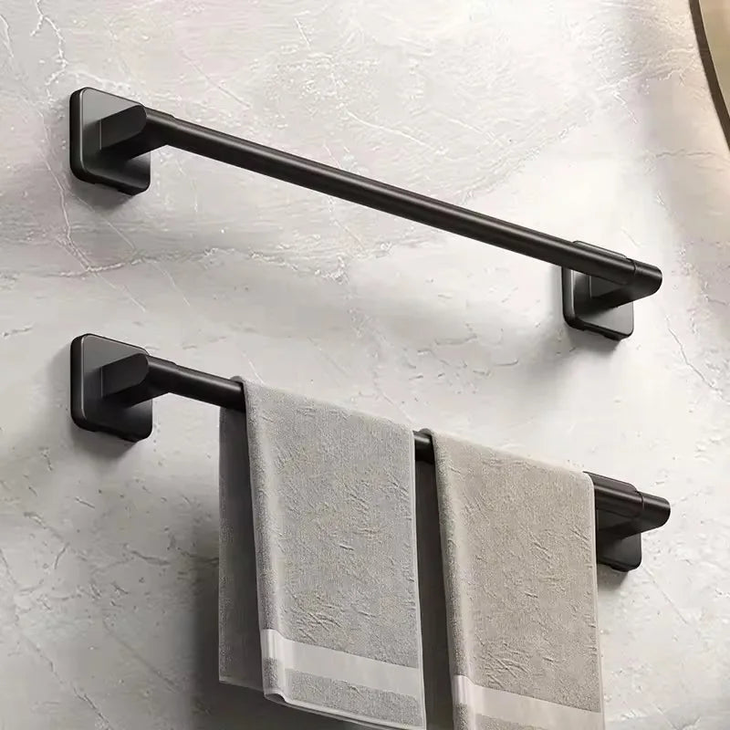 Self-Adhesive Bathroom Towel Rack Holder without Drilling Kitchen Cabinet Dishcloth Rack Black Aluminum Hand Towel Hanger Rod