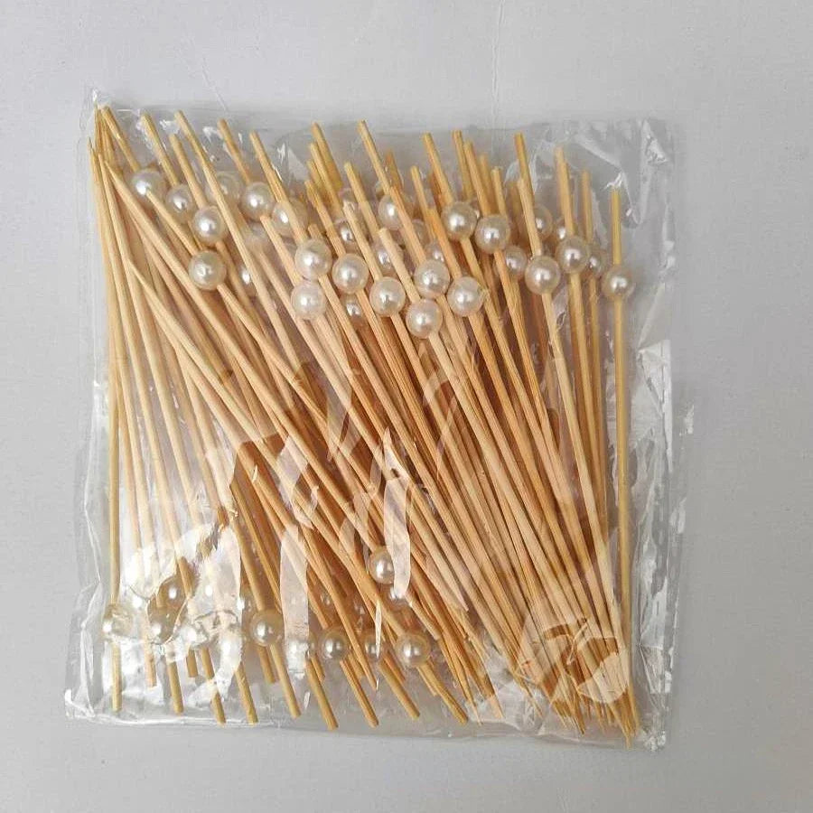 100pcs 12cm Gold Beads Bamboo Fruit Sticks Fruit Salad Snack Fork Cocktail Decor Cake Buffet Toothpicks Party Tableware Supplies