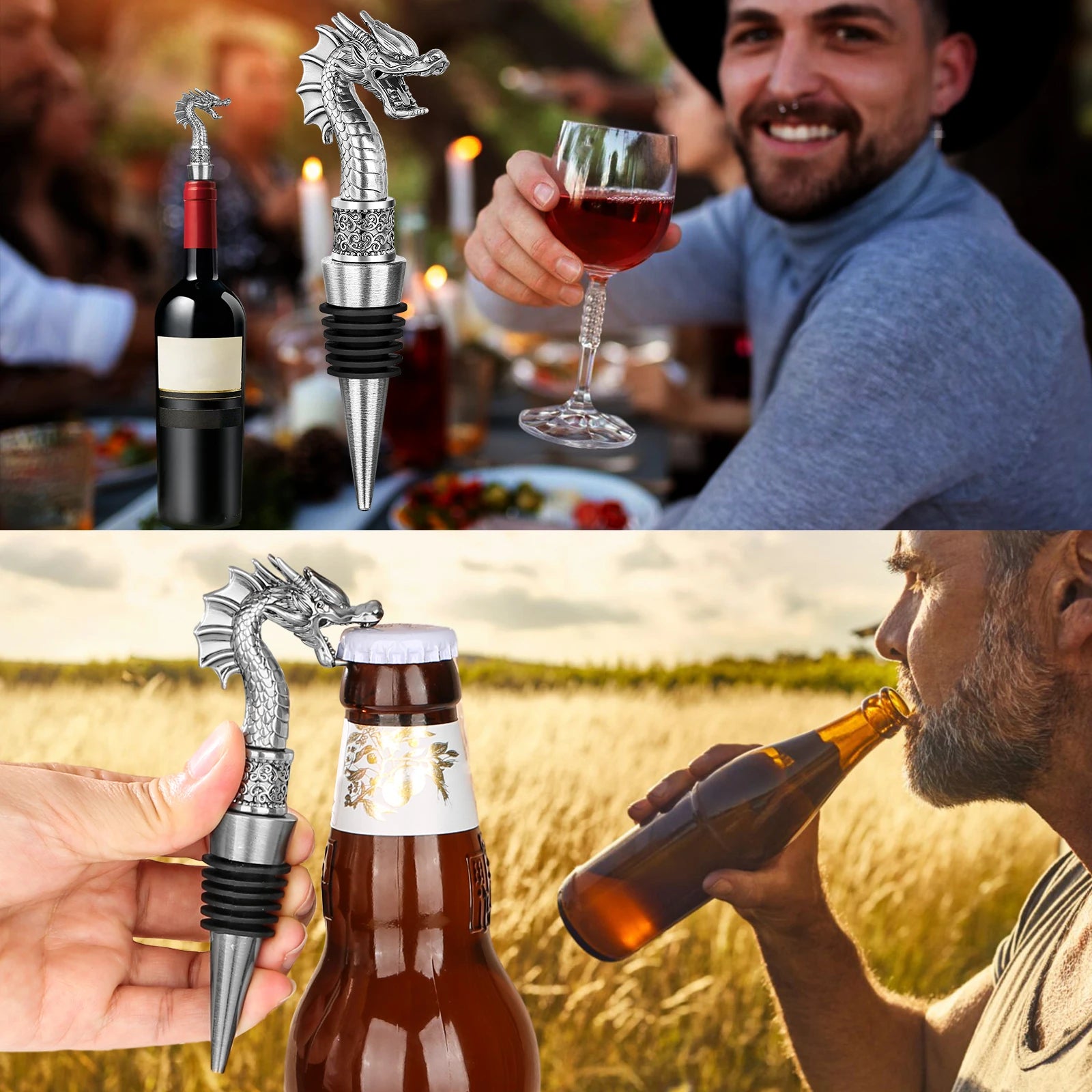 LKKCHER Useful 2-in-1 Dragon Head Wine Stopper and Opener Fashion Home Bar Ornaments Bottle Saver 2024 New Year Gifts for Men