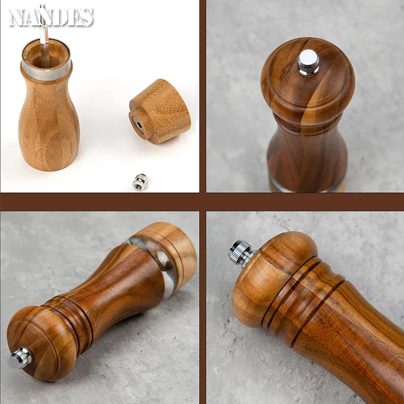 6-inch Manual Pepper Grinder Rubber Wood Acrylic Salt Shakers Adjustable Ceramic Rotor-Refillable Oak Spice Salt Grinding Bottle