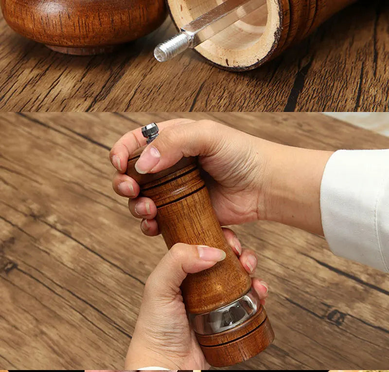 6-inch Manual Pepper Grinder Rubber Wood Acrylic Salt Shakers Adjustable Ceramic Rotor-Refillable Oak Spice Salt Grinding Bottle