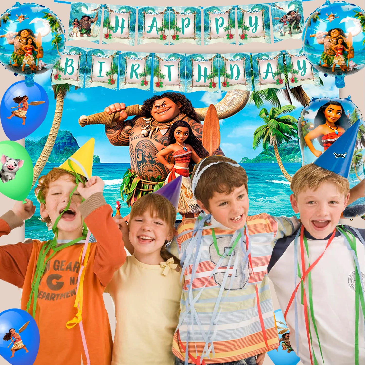 Moana Birthday Party Supplies,85pcs Decorations and Tableware Set-Moana Plates and Napkins Cups Table Cloth Banner Backdrop etc