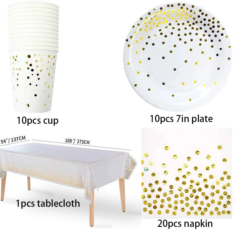Disposable Paper Plates Gold Party Supplies, Golden Polka Dots Birthday and Baptism Decorations, include Plates and Cups, Napkin