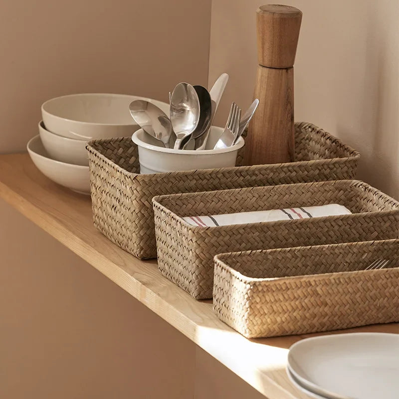 Bathroom Storage Basket Home Storage Basket Box Grass Woven Rectangular Storage Container Sundries Kitchen Drawer Organizer