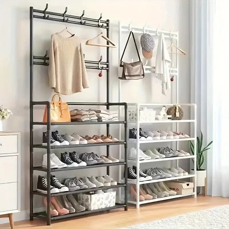 A clothes hanger and shoe rack at the entrance, used for storing shoes, clothes, jackets, hats, bags, umbrellas in the hallway