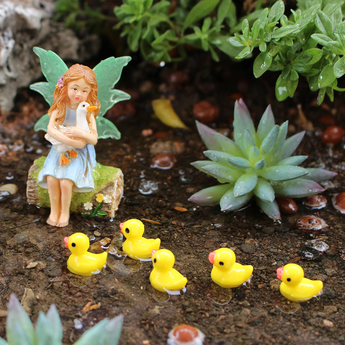 1 set of flower fairy holding duck landscape, outdoor fairy tale mini garden decoration handicraft flower pot accessories, fairy