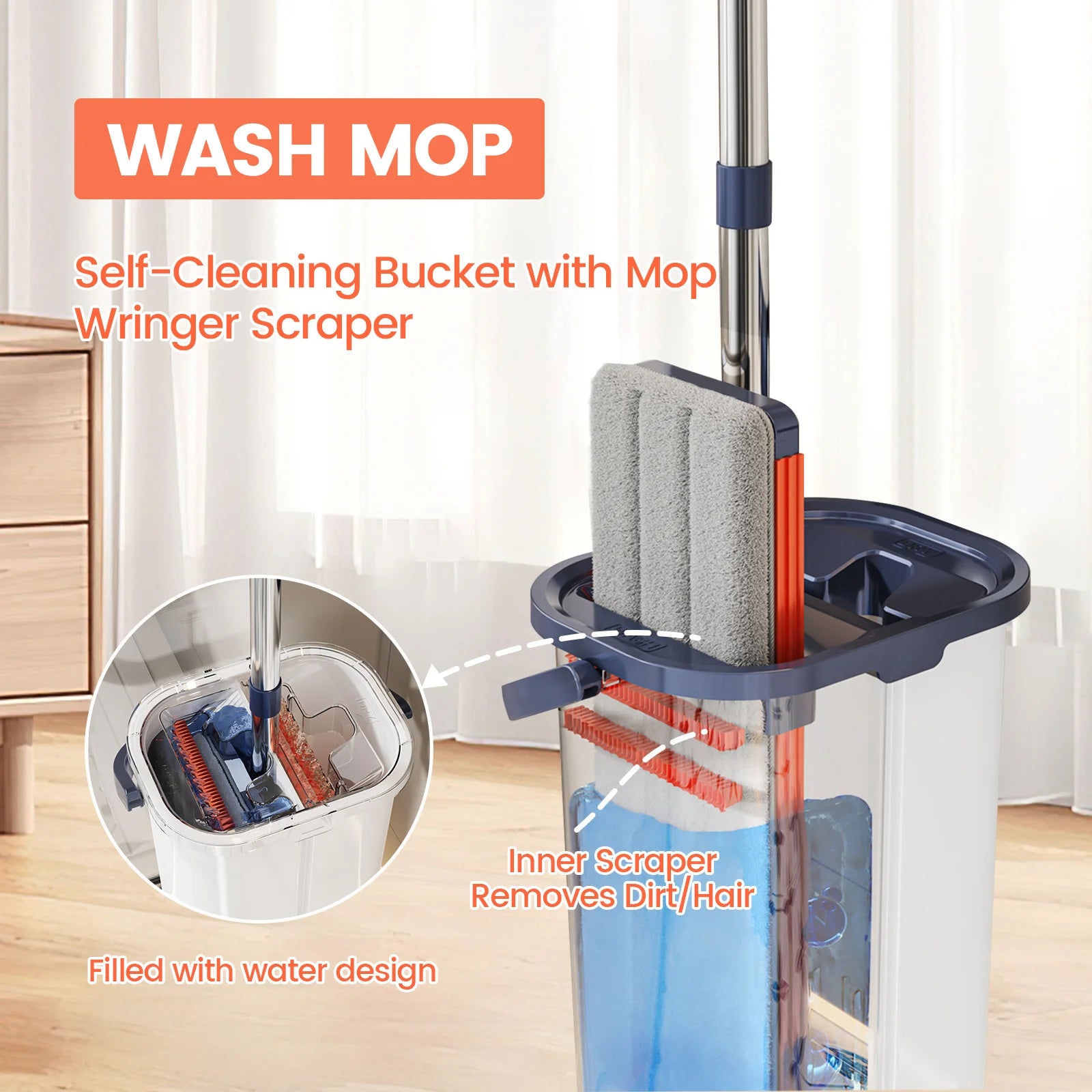Floor Flat Squeeze Mop with Bucket Hand Free Lazy Cleaning Mop Microfiber 360 Rotating Self-Wringing Mop House Cleaning