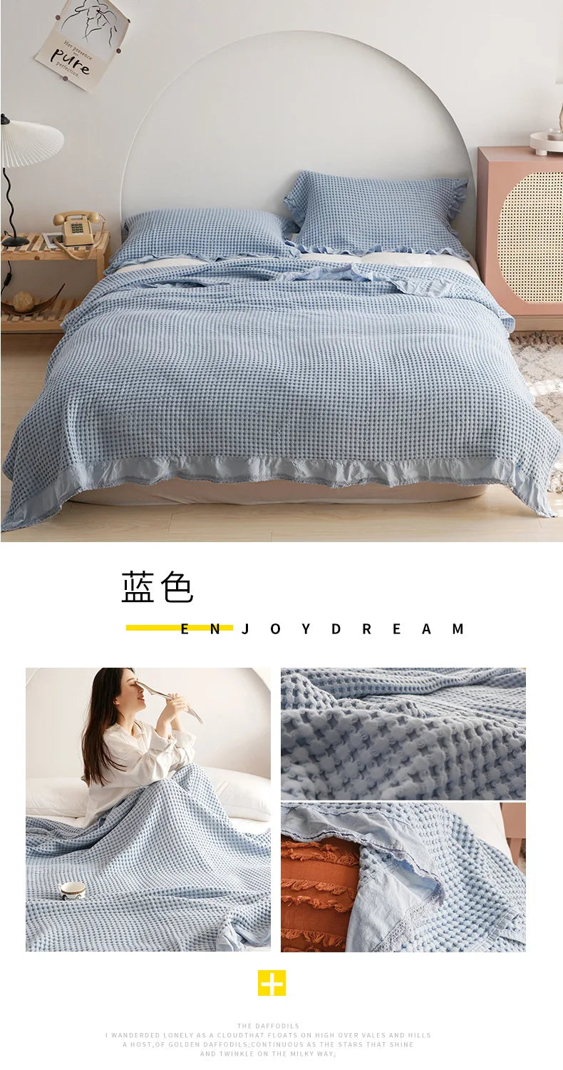 100% Cotton Soft Bed Plaid Home Japenese Knitted Blanket Corn Grain Waffle Embossed Summer Ruffles Warm Plaid Throw Bedspread