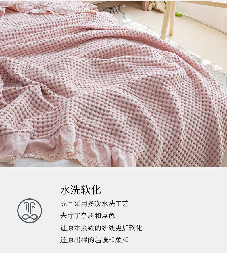 100% Cotton Soft Bed Plaid Home Japenese Knitted Blanket Corn Grain Waffle Embossed Summer Ruffles Warm Plaid Throw Bedspread