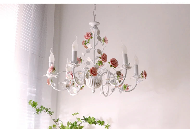 Rural Bedroom Chandelier French Living Room Children's Room Iron Flowers Plants Warm American Retro Fresh Ceramic Pendant Lamps