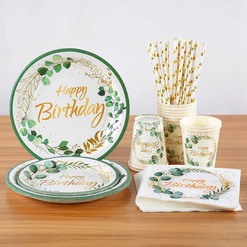 Green Eucalyptus Leaf Disposable Tableware Set Paper Plate Cup Napkin Kids Adult Birthday Supplies Hawaiian Summer Party Decor