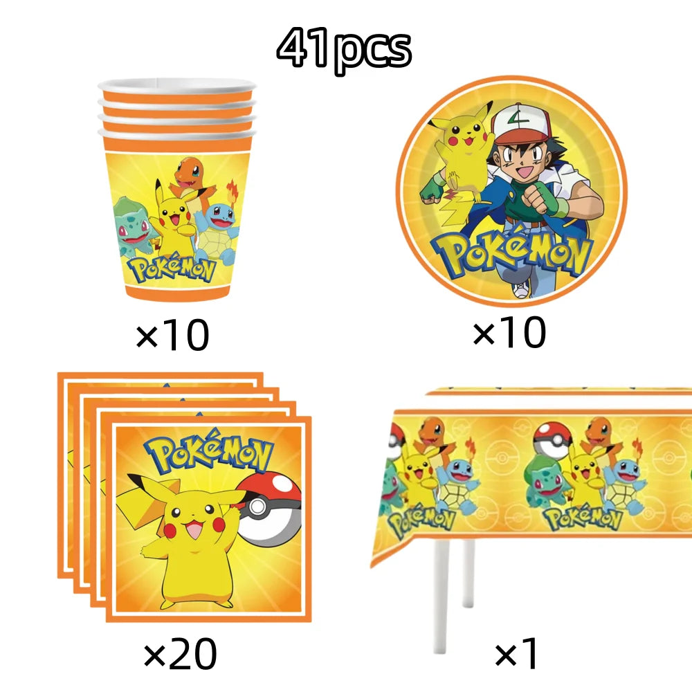 Pokemon Birthday Party Decoration Pikachu Tableware Set Tablecloth Cup Plate Napkin Balloons for Kids Party Supplies Baby Shower