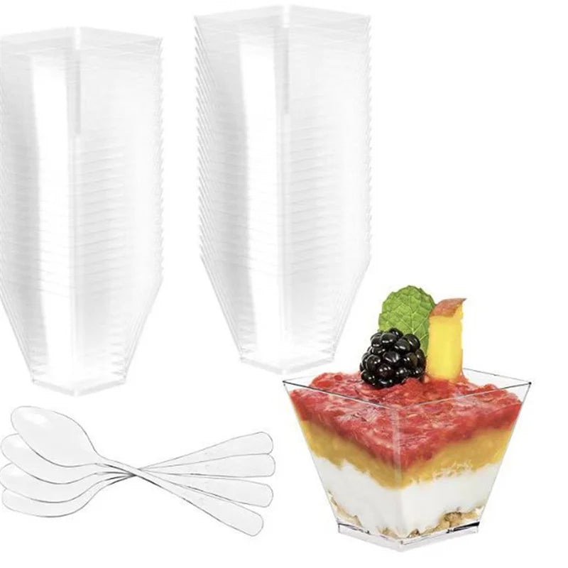 Disposable Tableware Set Dessert Cups Spoons Set Jelly Smoothie Mousse Fruit Cube Pudding Cup Party PS Dessert Suit Cups