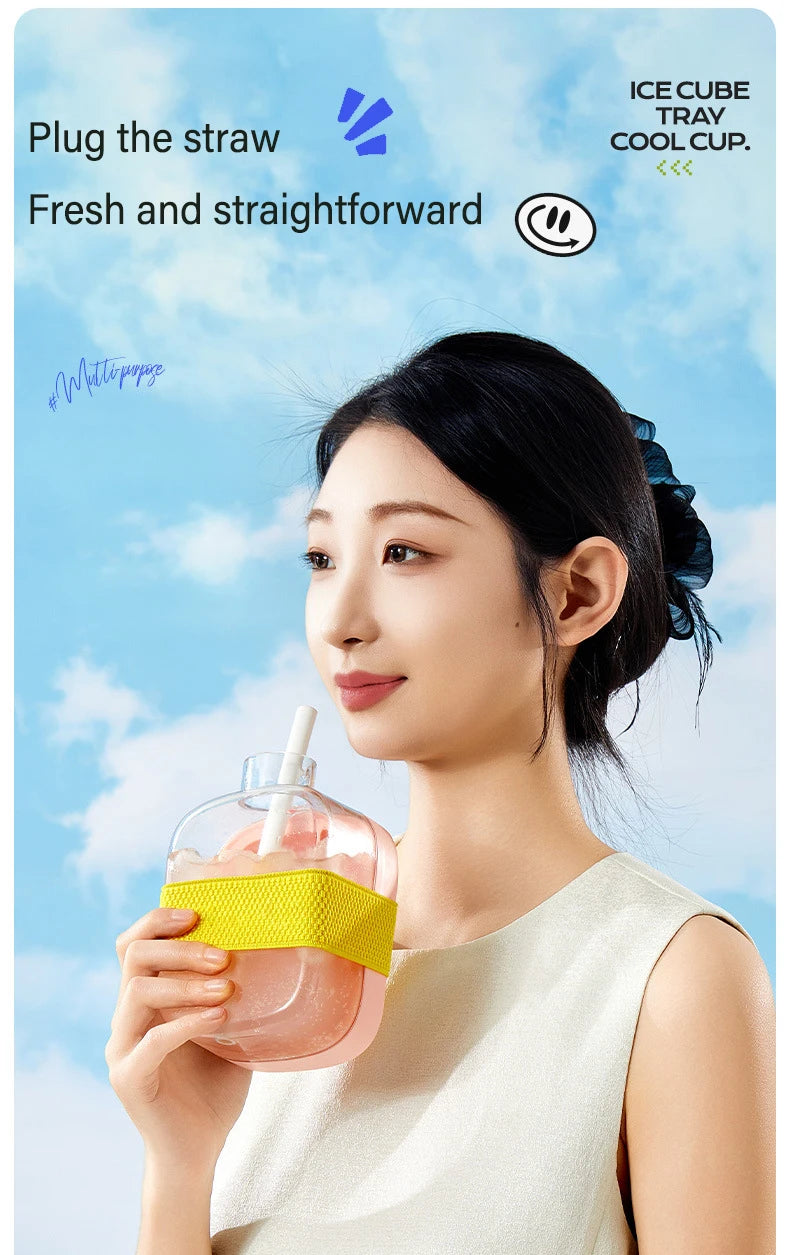 Portable Ice making Mold Ice Cube Tray With Lid and Straw Drinking Cup Silicone Freezer Ice Zero-contact Pressure Ice Cube Mold