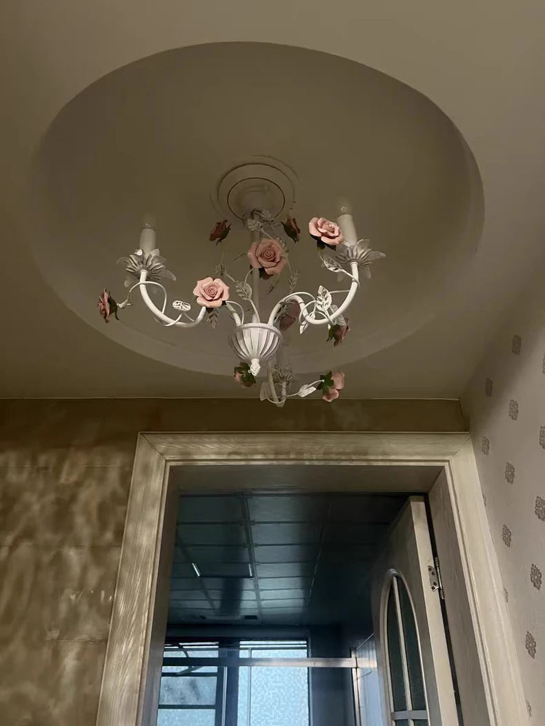 Rural Bedroom Chandelier French Living Room Children's Room Iron Flowers Plants Warm American Retro Fresh Ceramic Pendant Lamps