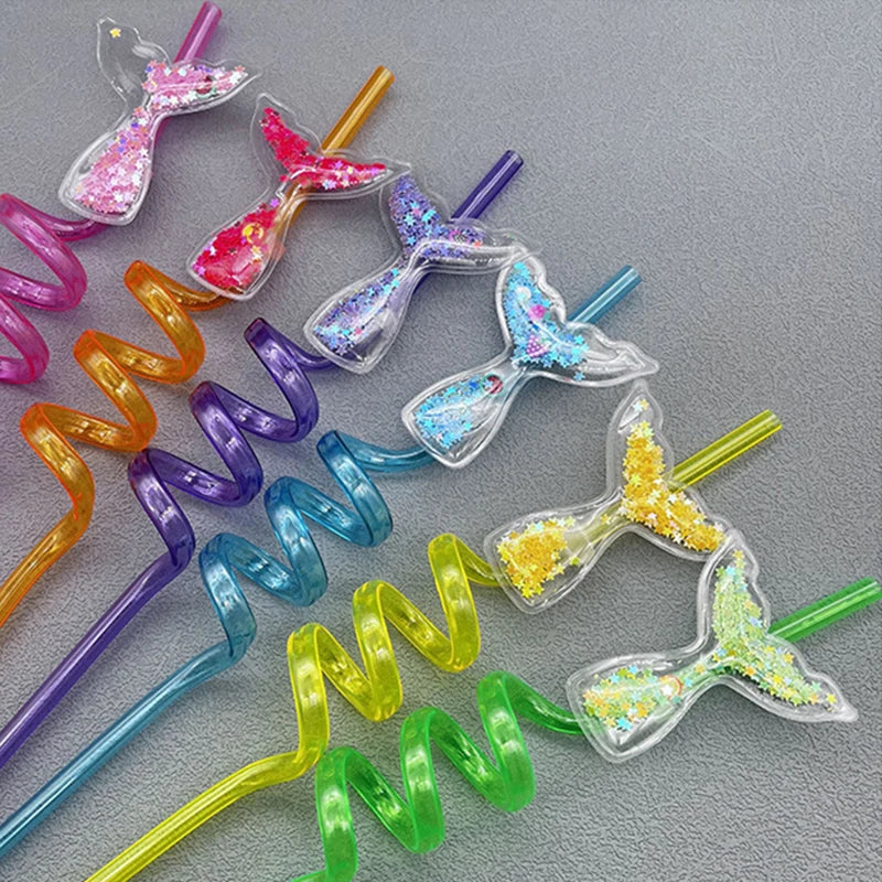 6Pcs Mermaid Tail Flowing Sand Spiral Straw Hawaiian Beach Cocktail Decoration Supplies Summer Party Reusable Straws Decoration