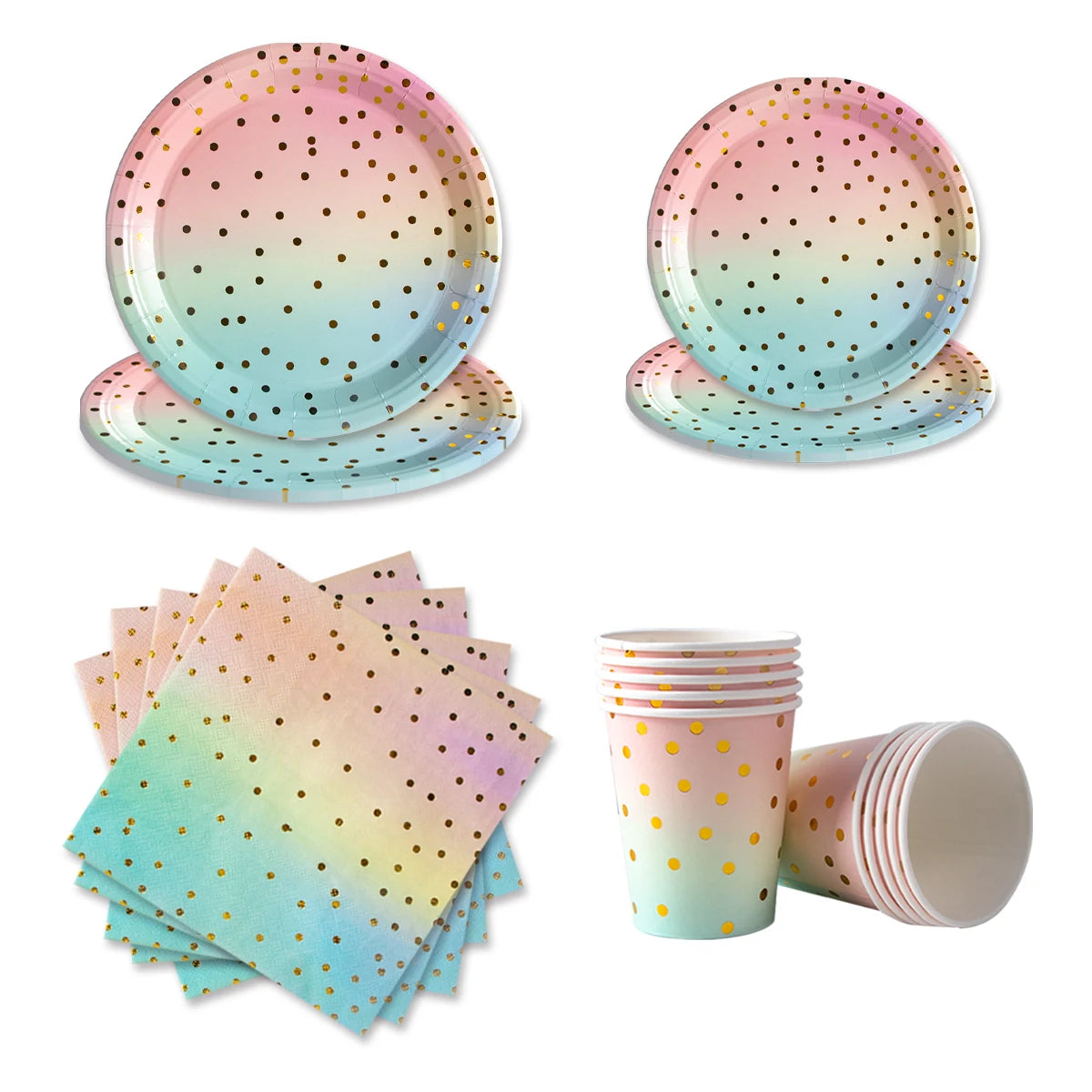 Rainbow Pastel Disposable Tableware Set Gold Glitter Happy Birthday Pattern Paper Plate Cup Napkins for Birthday Party Supplies