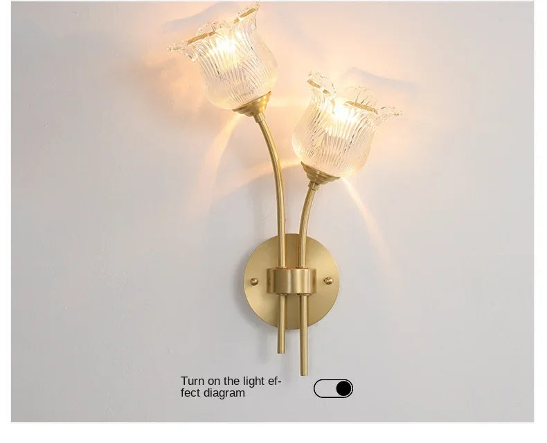 Bedroom headboard  lamp all copper American retro designer flower cream wind wall light room decor