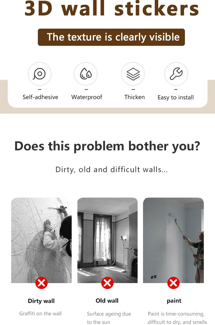 3D Wall Sticker Wallpaper Self-Adhesive Waterproof Wall Covering Panel for Living Room Bedroom Bathroom Home Decoration