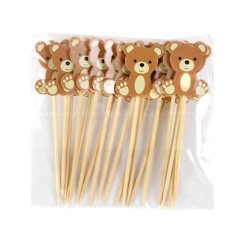 20Pcs Cute Bear Disposable Bamboo Food Pick Baby Shower Santa Dessert Fruit Salad Toothpick Birthday Party Decoration Supplies