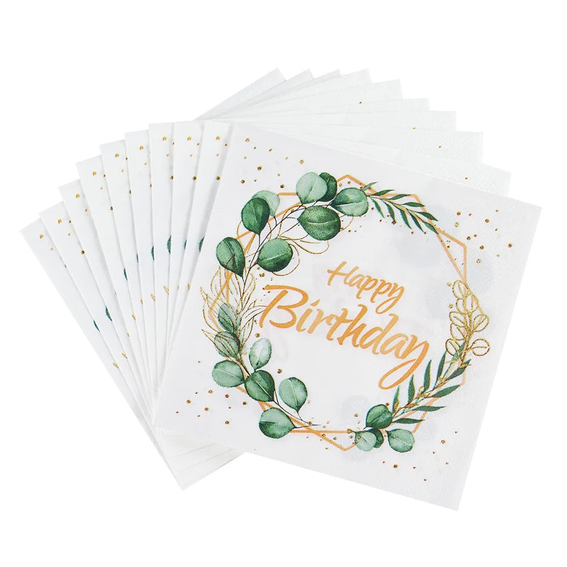 Green Eucalyptus Leaf Disposable Tableware Set Paper Plate Cup Napkin Kids Adult Birthday Supplies Hawaiian Summer Party Decor